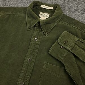 LL Bean Corduroy Shirt Mens Medium Button Down Forest Green Traditional Fit